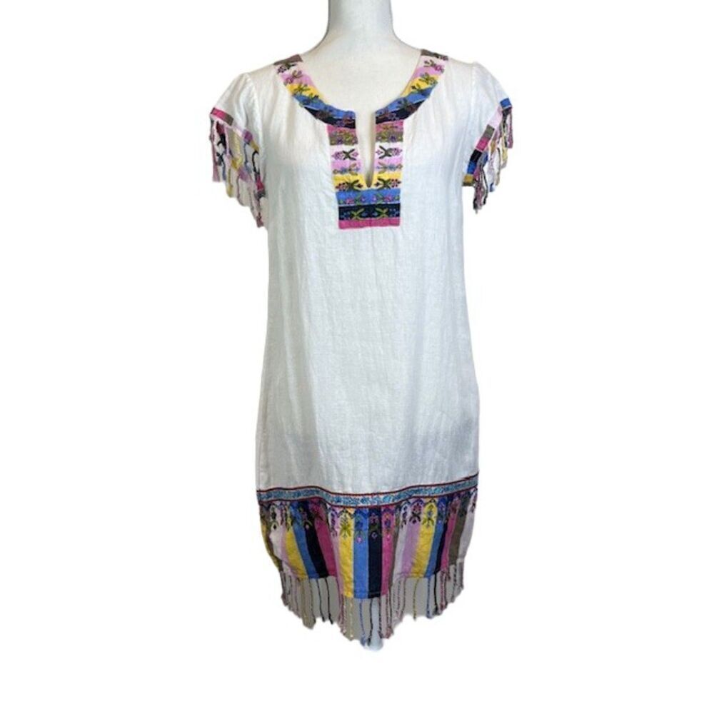 Calypso St. Barth Linen Embroidered Fringed Dress Cover Up White Size Small